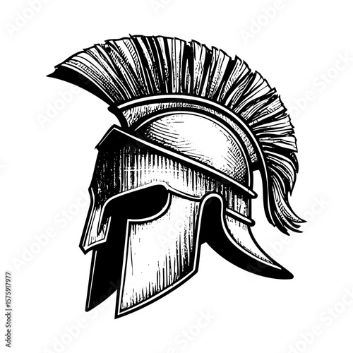 Spartan Knight helmet sketch engraving black and white outline. Scratch board imitation.