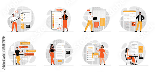 Bundle of Online Survey concepts with people scene in flat cartoon design. Collection work with men and women. People filling survey form, leave feedback, take online tests. Vector illustration