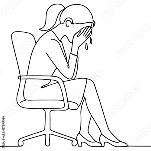 Woman crying while sitting in office chair, expressing sadness  