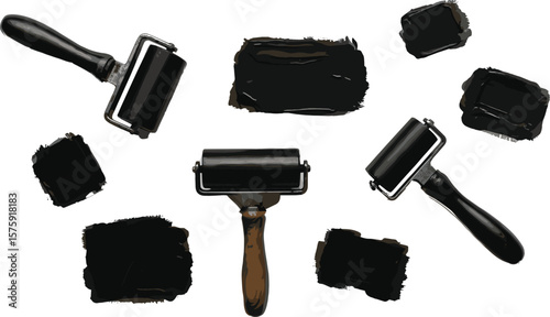Linocut relief block printing rubber paint rollers, brayers illustration. Rectangle textured lino shapes, text boxes. Black ink brush hand drawn print tools. Master class poster tutorial ad template