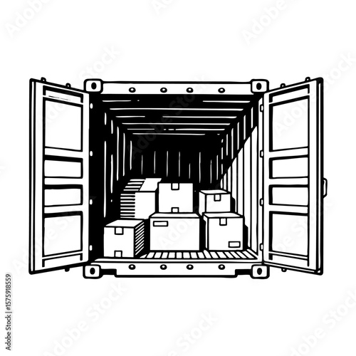 Container open back view sketch engraving black and white outline. Scratch board imitation.