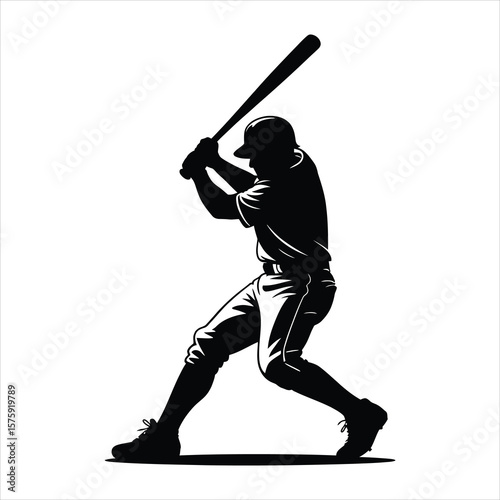 Dynamic baseball player in batting stance swinging bat silhouette against white background