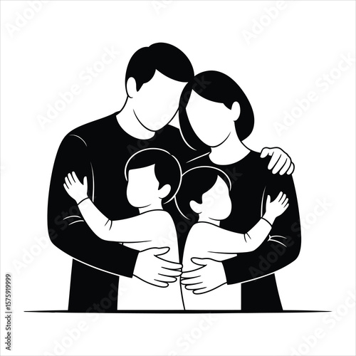 Loving family of four embracing tightly in a warm hug silhouette