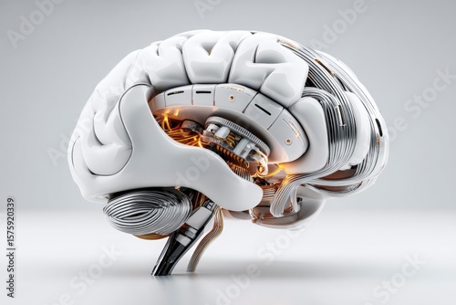 High-resolution 3D render showcasing a cybernetic brain model with integrated neural network architecture for advanced artificial intelligence and technology innovation. photo
