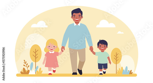 Happy Family Stroll: A father happily walks with his daughter and son in a park. The family enjoys a sunny day.