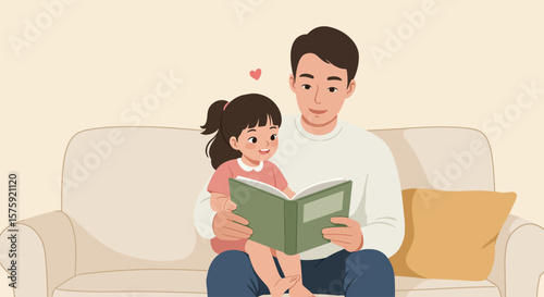 Dad Reads Daughter: A father sits on a sofa, lovingly reading a storybook to his attentive daughter, creating a heartwarming moment of connection and love.