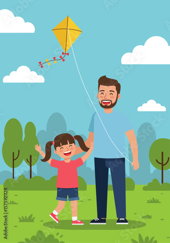 Soaring Dreams: A father and daughter share a heartwarming moment as they joyfully fly a kite together in a picturesque park, filled with laughter and cherished memories.