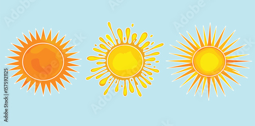 Watercolor vector round sun shapes, spiked crowns, sunburst. Rising sun, sunset, dawn illustrations bundle. Orange red yellow watercolour stains circles, fire flaming frames. 