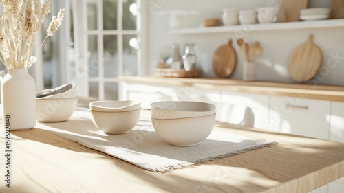 Scandinavian kitchen with white cabinets and oak countertops featuring a wooden dining table in natural light