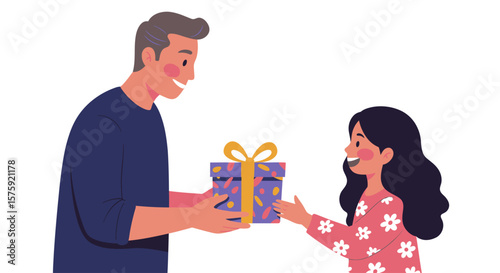 A Gift Exchange: A tender scene of a father gifting his daughter a beautifully wrapped present. The illustration portrays a moment of love and connection. 