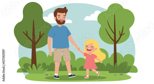 Father and Daughter Stroll: A happy father and his adorable daughter enjoy a leisurely stroll through a vibrant park, hand-in-hand, amidst lush greenery and under a sunny sky.