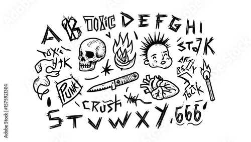 Black Ink Hand Drawn Punk Rock Alphabet Skull Knife Heart Flames Design Elements letters