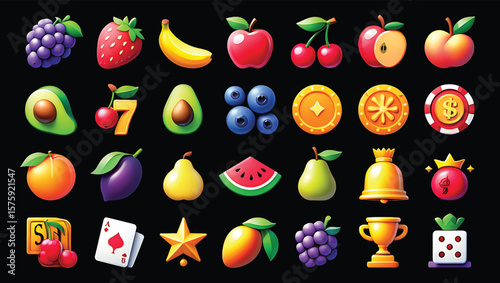 Colorful Fruit Symbols Casino Game Icons Set Red Yellow Orange Green Purple Black Background