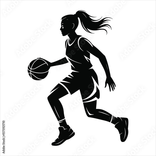 Dynamic woman basketball player dribbling ball silhouette