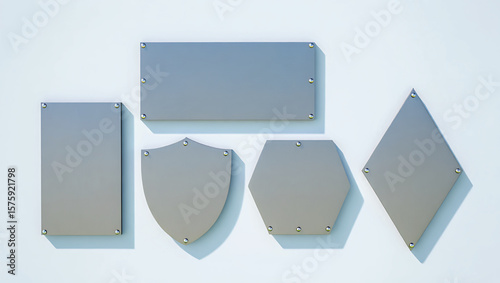 Five Brushed Metal Blank Plates Wall Mounted Various Shapes Rectangular Shield Hexagon Diamond