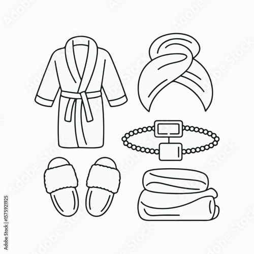 Line art illustration of spa day essentials featuring robe slippers towel face mask and folded towels for relaxation