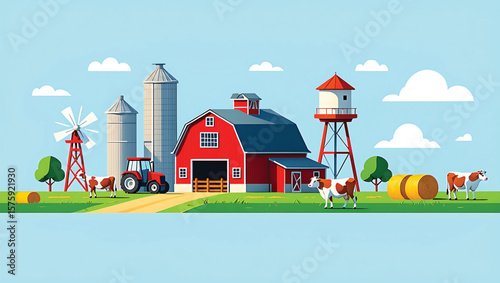 Idyllic Farm Scene Red Barn Cows Tractor Silos Windmill Hay Bales Sunny Day Blue Sky Rural Landscape