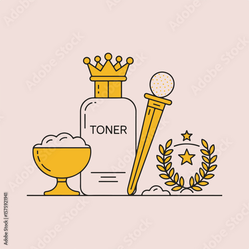 Minimalist flat design illustration showcasing beauty toner bottle crowned with golf club and laurel wreath concept