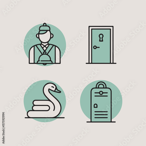 Minimalist icon set representing hotel service including bellhop, door, swan, and luggage in pastel circle shapes