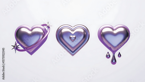 Three Dimensional Lavender Metallic Hearts Set Orbiting Star Dripping Purple Liquid Design Elements