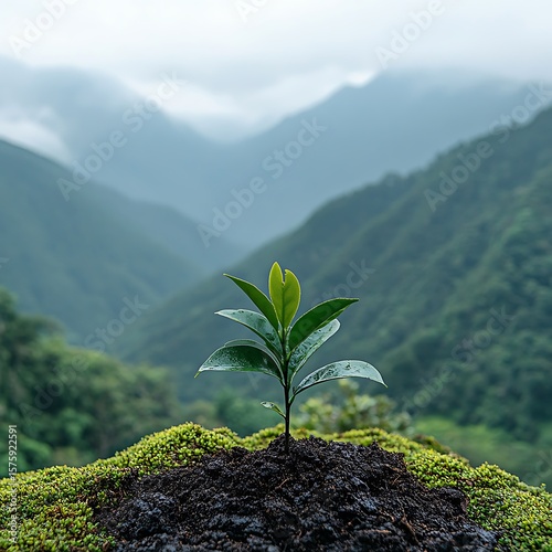 A single small plant sprouting in a beautiful natural mountain setting