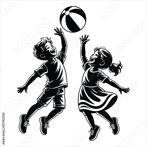 Joyful boy and girl jumping to catch a beach ball silhouette