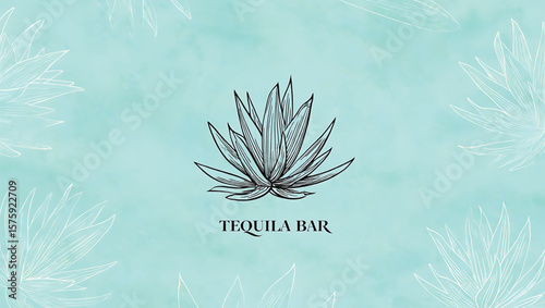 Teal Background with Black Ink Agave Plant Illustration and Tequila Bar Text White Agave Outlines