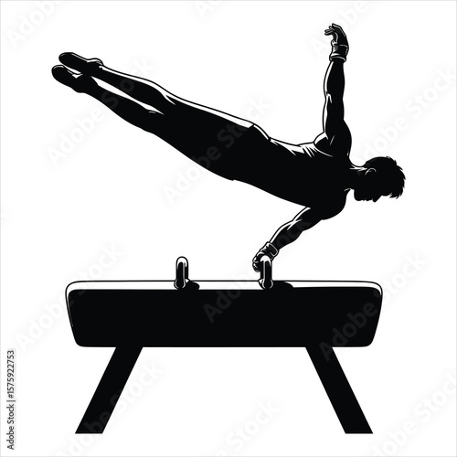 Male gymnast performs a strength move on the pommel horse silhouette