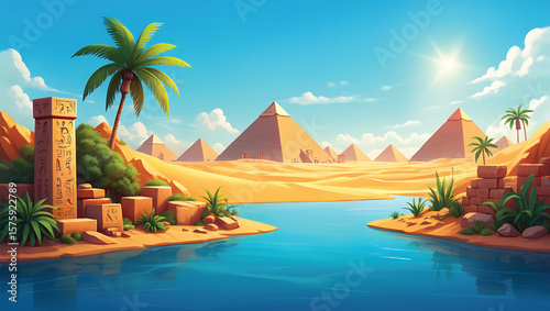 Vibrant Sunny Day Scene with Egyptian Pyramids Palm Trees and Blue River Ancient Stone Pillars