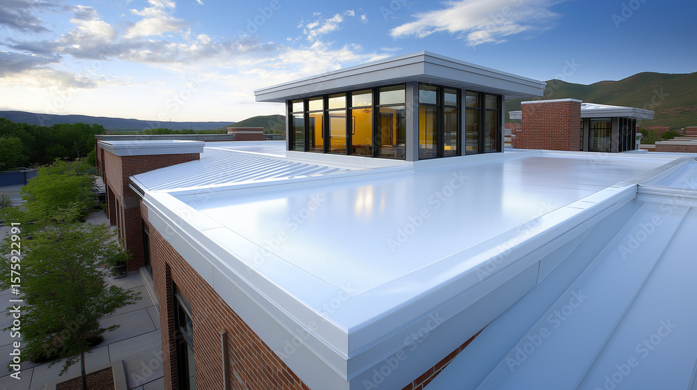 Fototapeta premium Moderne Luxusvilla mit großer Terrasse und Pool bei Sonnenuntergang in minimalistischem Design