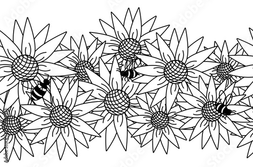Sunflower with bees horizontal seamless border. Vector graphic line illustration. wreath arrangement design. Perfect design for fashion graphics, textile prints, fabrics, wallpapers.