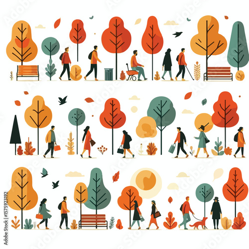 image of people walking in the park during autumn with a simple and minimalist flat design using a white background