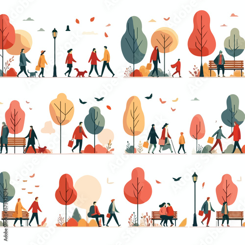 image of people walking in the park during autumn with a simple and minimalist flat design using a white background