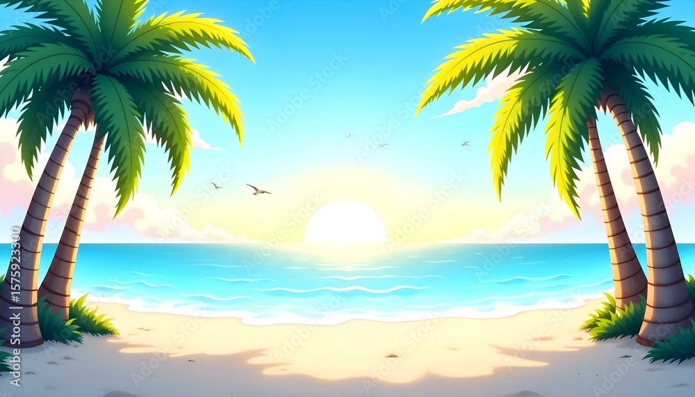 Obraz premium Tropical beach landscape vector illustration, palm trees, white sand, blue sea, summer holiday background, sunny sky, flat design, paradise nature scenery