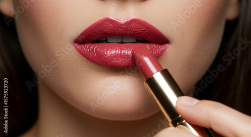 Close-up of a person applying vibrant red lipstick to their lips.