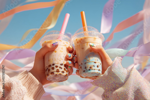  close-up of hands clinking cups with colorful boba milk tea, playful manicure, glittery sleeves and pastel ribbons in background