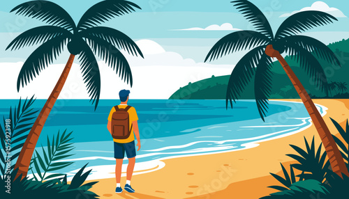 Solo traveler with backpack walking on tropical beach, flat vector style
