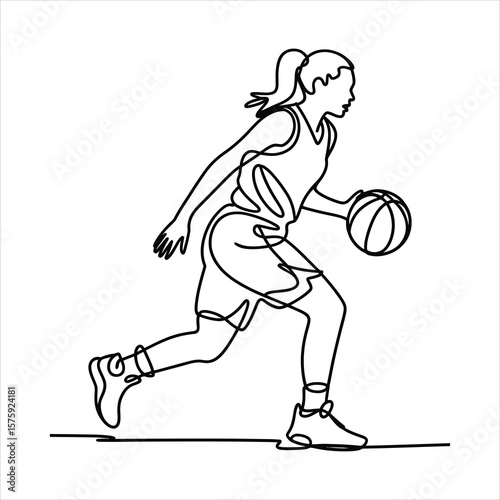 Woman basketball player dribbling ball in continuous line drawing silhouette