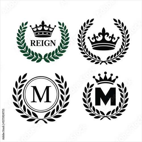 Collection of four laurel wreaths with crowns and monogram m silhouette