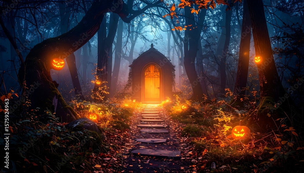 Fototapeta premium Spooky path to glowing hut in misty forest