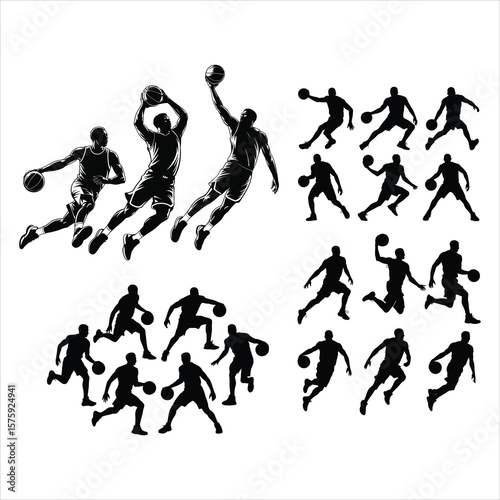 Collection of dynamic basketball player action silhouettes silhouette