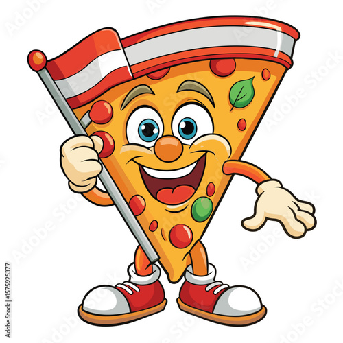 Cartoon pizza slice character holding a flag