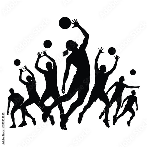 Volleyball players in action jumping and reaching for the ball silhouette