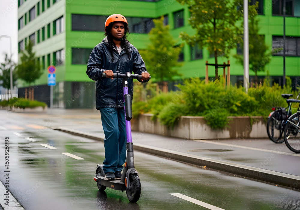 Obraz premium Young woman riding an electric scooter through the city streets in early autumn. She wears a orange helmet and raincoat. Urban background, rainy day