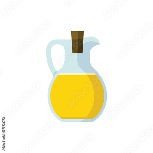 The image features a transparent glass jug or carafe filled with yellow liquid, likely representing massage oil, essential oil, or aromatherapy oil. The jug has a handle, a spout, and a brown stopper 