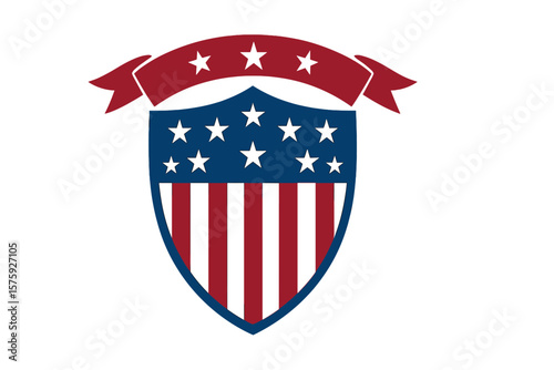 American patriotic shield with stars and stripes. USA flag emblem with ribbon banner. National symbol for 4th of July, Independence Day, election, or military honor. Vector.