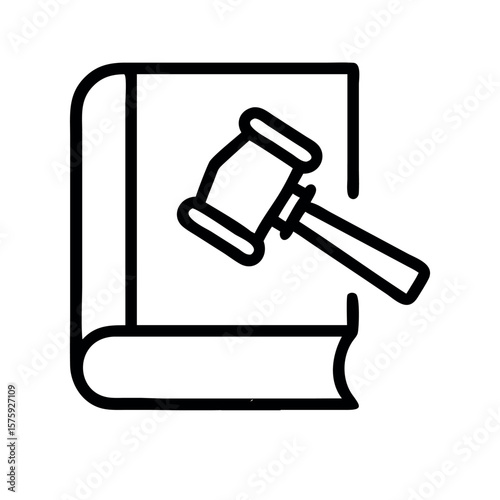 Black outline of a gavel resting on an open book justice legal