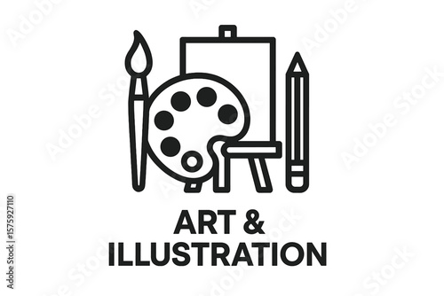 Art and illustration line icon. Artist tools set with palette, paintbrush, pencil, easel, and canvas. Symbol for creativity, drawing, painting, hobby, design studio concept.