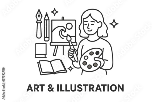 Creative Art and Illustration Concepts with Painter, Palette, Brush, Canvas, and Drawing Tools. Artistic Design, Creativity, Painting, Sketching, and Visual Expression Vector Illustration.