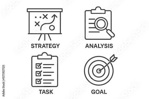 Action plan icons for business strategy and development. Line art symbols for analysis, task management, achieving goals, and planning. Vector icon set for web and mobile apps.